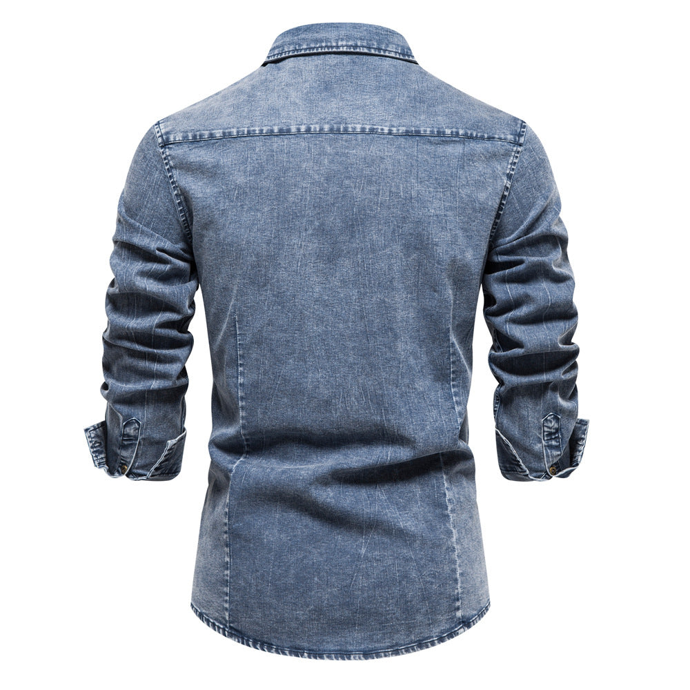 Herren Denim Hemdbluse mit zwei Brusttaschen und geschmackvollen Stickereien