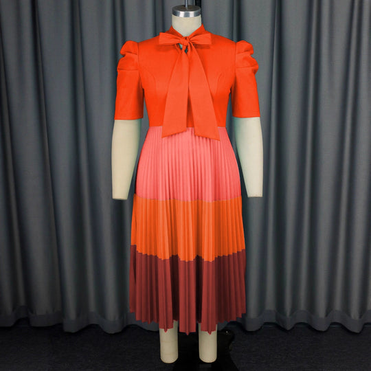 Damen Elegantes Plisseekleid mit Schleifenkragen R&B