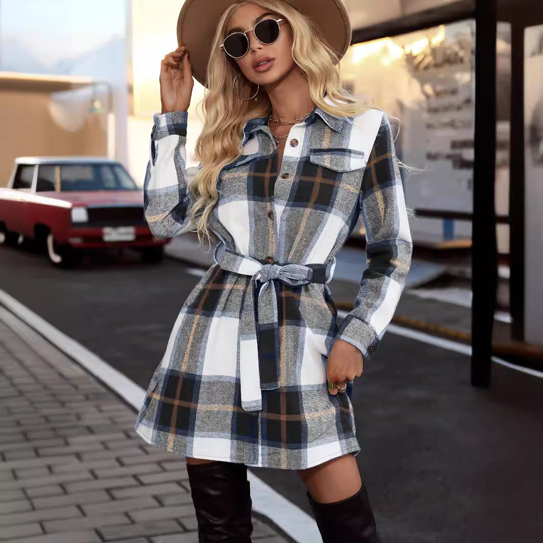Damen kariertes Hemdblusenkleid mit taillierbarem Gürtel und praktischen Taschen R&B