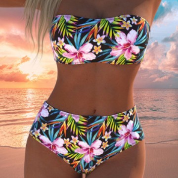Damen Bandeau-Bikini-Set mit hochgeschnittenem Höschen und tropischem Blütenmuster R&B