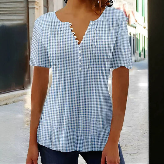 Damen nan leichte Karobluse mit V-Ausschnitt, Zierknopfleiste und Stufenvolant R&B