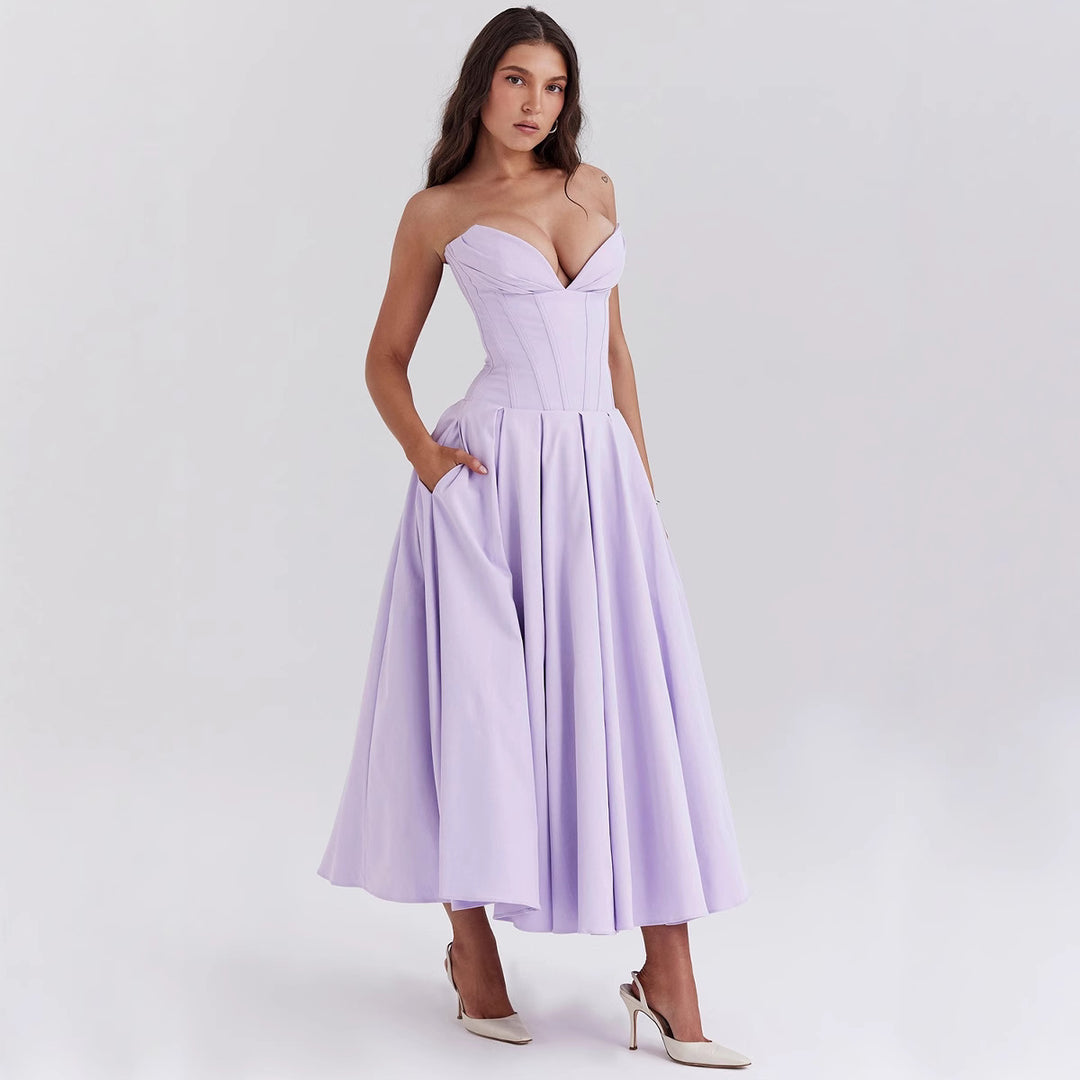 Damen nan trägerloses Korsett-Midikleid mit vorgeformter Miederkonstruktion und ausgestelltem Tellerrock R&B