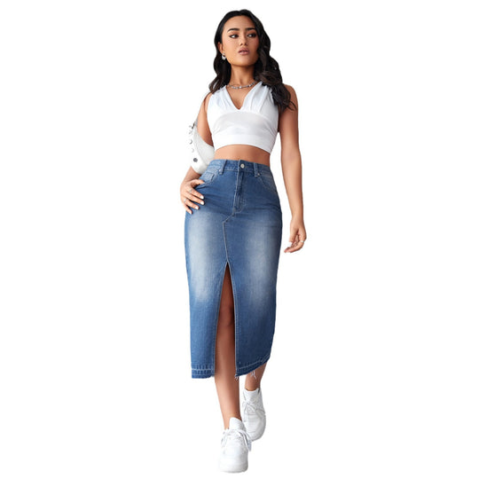 Damen Jeansrock mit hoch geschnittenem Schlitz und fransigem Saum R&B