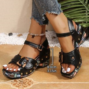 Damen Plateau-Sandalen mit modischem Animal-Print und verstellbarem Riemen R&B