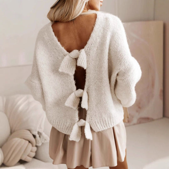 Damen lässiger Strickpullover mit tiefem Rückenausschnitt und Schleifendetails R&B