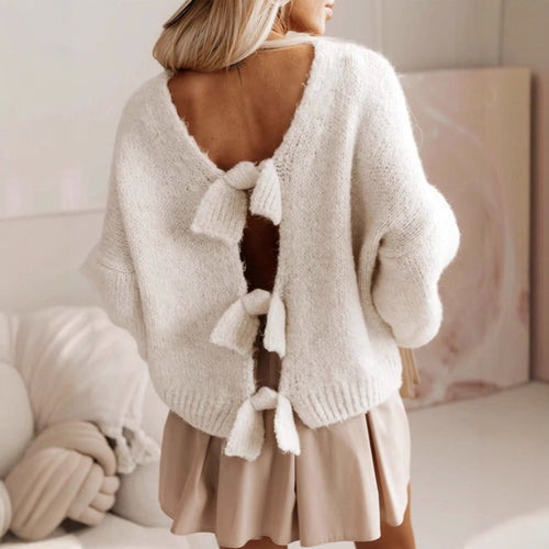 Damen lässiger Strickpullover mit tiefem Rückenausschnitt und Schleifendetails R&B