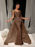 Damen Glamouröses Abendkleid mit schimmerndem Spitzenoberteil und fließendem Tüllumhang R&B