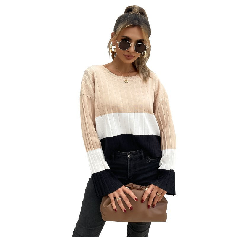 Damen Strickpullover mit modischem Blockstreifen-Design und weiten Ärmeln R&B