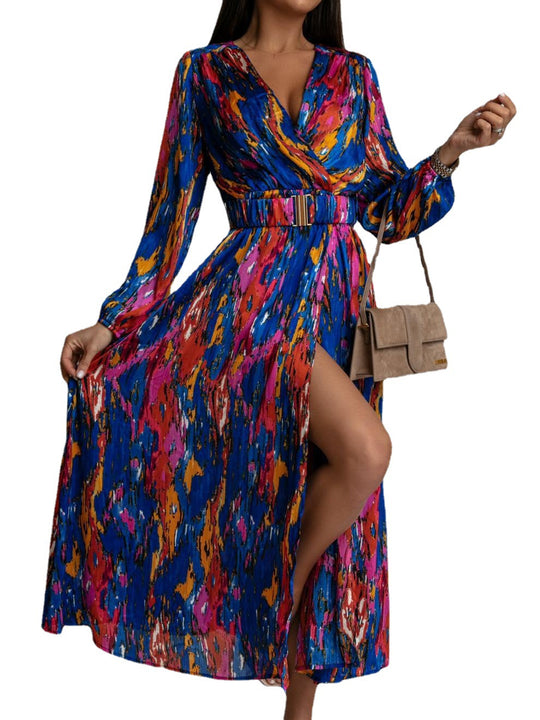 Damen lebhaft bedrucktes Maxikleid mit selbstbindendem Gürtel R&B