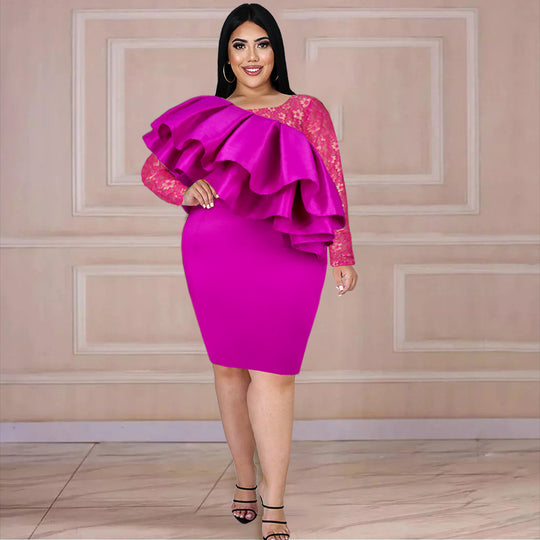 Damen Kleid mit asymmetrischem Rüscheneinsatz und Spitzenoberteil R&B
