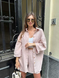 Damen Lässiges Zweiteiliges Set aus leichtem Baumwollmaterial mit oversized Hemd und Shorts R&B