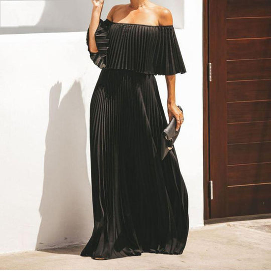 Damen Maxikleid mit asymmetrischem Plisseefall und schulterfreiem Design R&B
