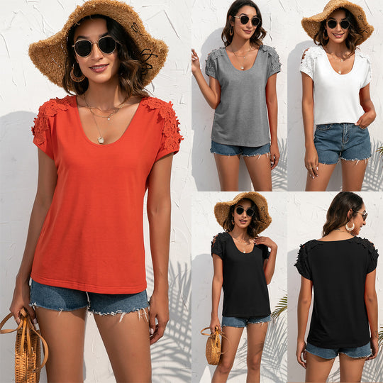 Damen elegantem T-Shirt mit floralem Spitzenbesatz R&B