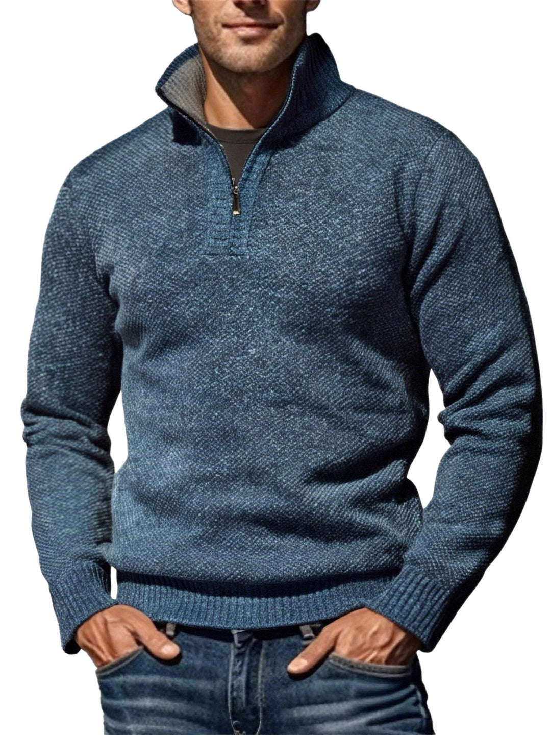 Herren nan grobgestrickter Strickpullover mit halbem Reißverschluss und hohem Stehkragen R&B
