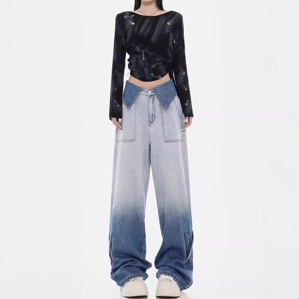 Damen Weite Denim-Jeans mit einzigartigem Farbverlauf und modischen Akzenten R&B