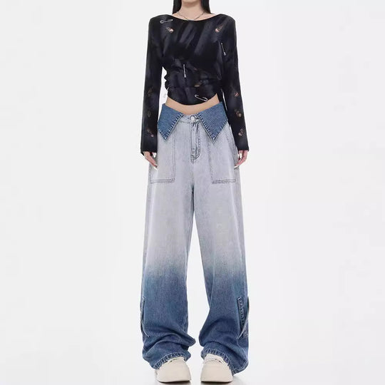 Damen Weite Denim-Jeans mit einzigartigem Farbverlauf und modischen Akzenten R&B