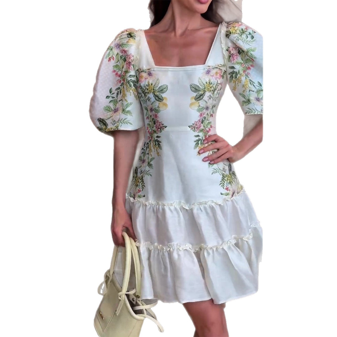 Damen Blumenkleid mit voluminösen Puffärmeln und fließendem Rock R&B