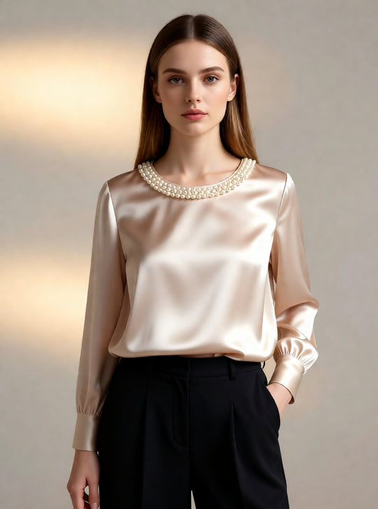 Damen elegante satinierte Bluse mit Perlenkragen R&B