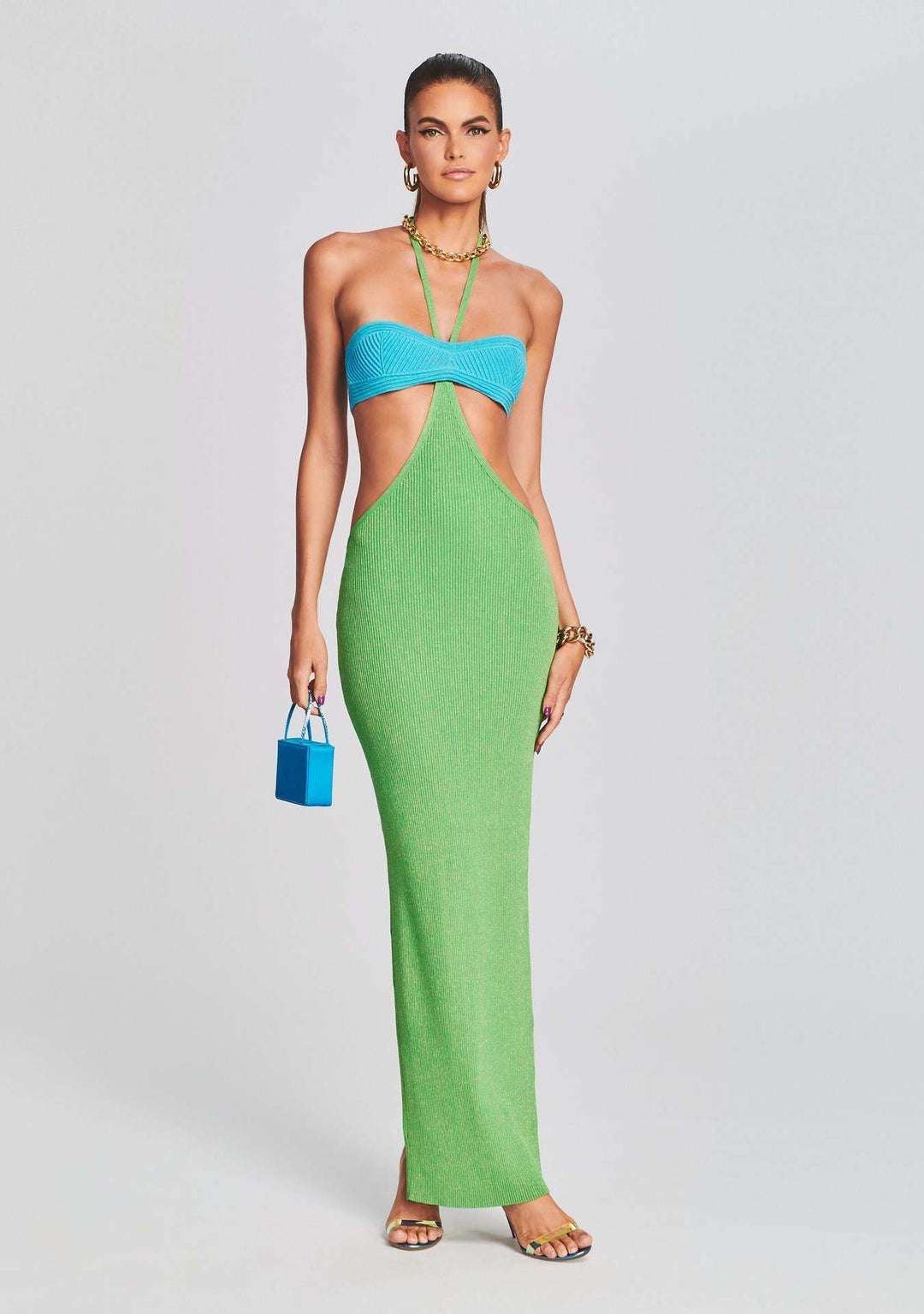 Damen Maxikleid mit kreativem Cut-Out-Design und schulterfreiem Oberteil R&B