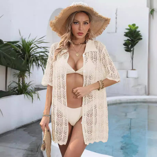 Damen gehäkelter Strandüberwurf mit modischem Lochmuster R&B