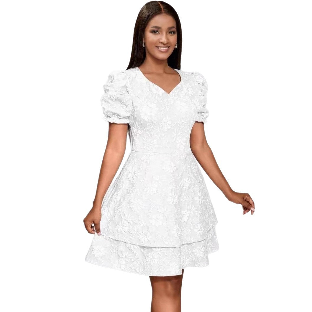 Damen romantisches Kurzarmkleid mit gestuftem Rock R&B