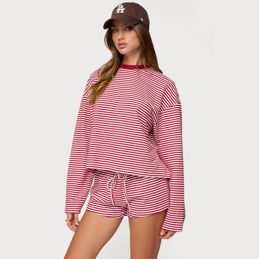 Damen Lässiges Streifen-Loungewear-Set mit langärmligem Oberteil und kurzer Hose R&B