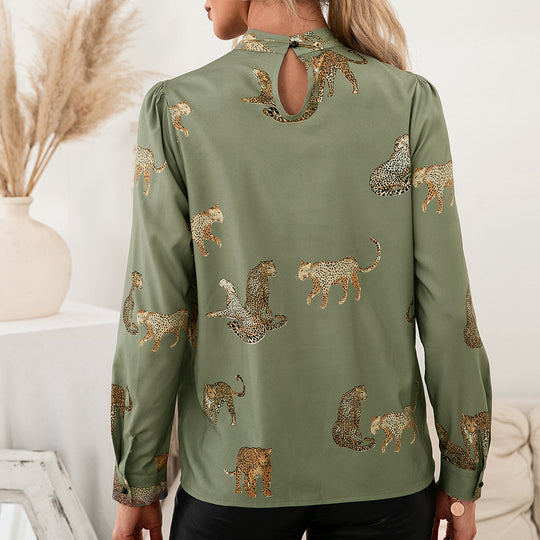 Damen Bluse mit glamourösem Tierdruck und eleganter Stehkragenform R&B