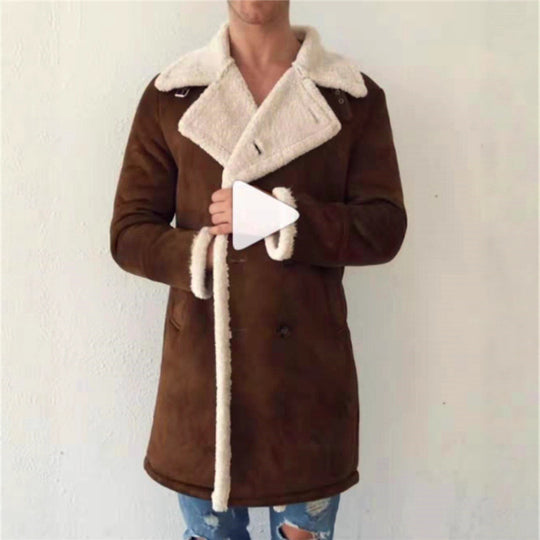 Herren Lammfell-Mantel mit hohem Kragen und eleganter Wollverarbeitung R&B