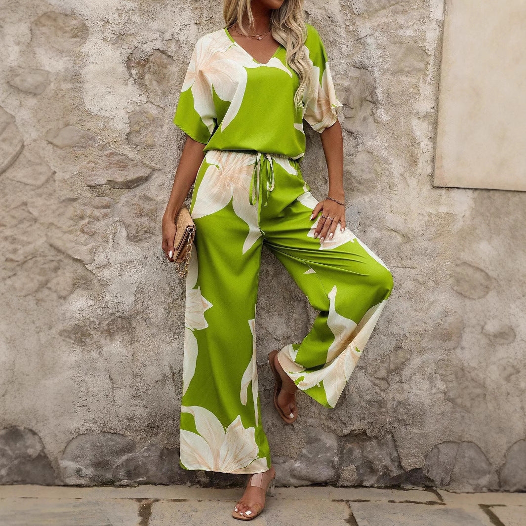 Damen luftiger Hosenanzug mit floralem Print und elastischem Bund R&B