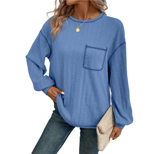 Damen Bequemer Langarm-Shirt mit Rippenstruktur und Brusttasche R&B
