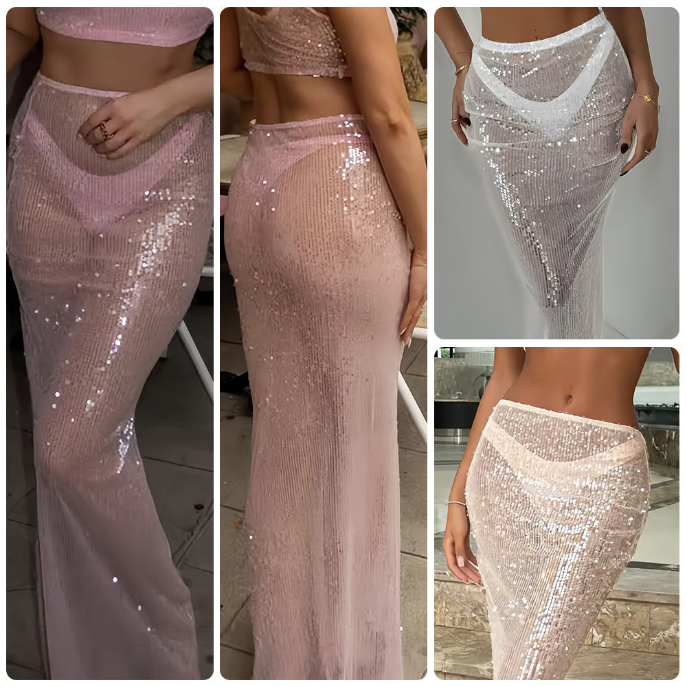 Damen Glitzernder Maxirock mit transparenten Akzenten und schimmerndem Stoff EB