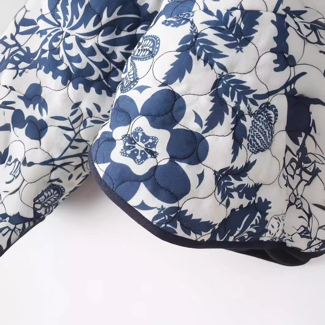 Damen gestepptes Blumenjacke mit innovativen Tasche und Rundhals R&B