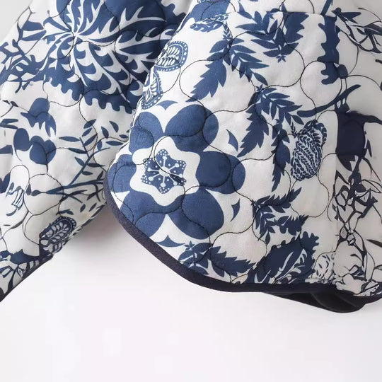 Damen gestepptes Blumenjacke mit innovativen Tasche und Rundhals R&B