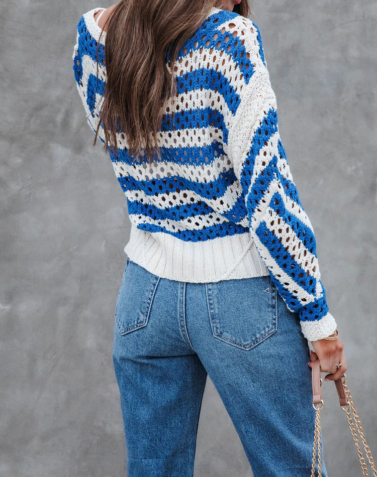 Damen luftiger Strickpullover mit großflächigem Lochmuster und Streifendesign R&B