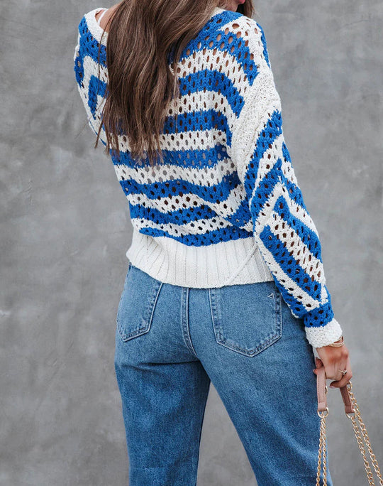 Damen luftiger Strickpullover mit großflächigem Lochmuster und Streifendesign R&B