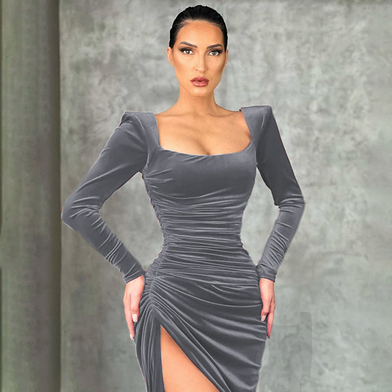 Damen Raffiniertes Stretch-Kleid mit asymmetrischem Schlitz und langen Ärmeln R&B
