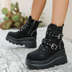 Damen Wedge-Stiefel mit modischen Schnallen und robustem Plateau R&B