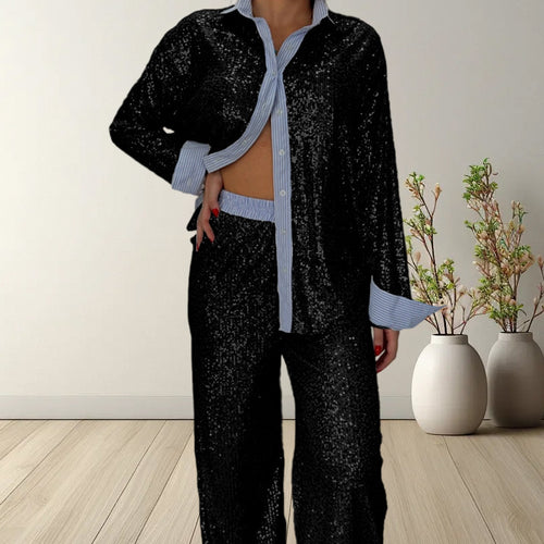 Damen Glitzerndes Pyjama-Set aus hochwertigem Material mit Schalkragen und eleganten Akzenten R&B