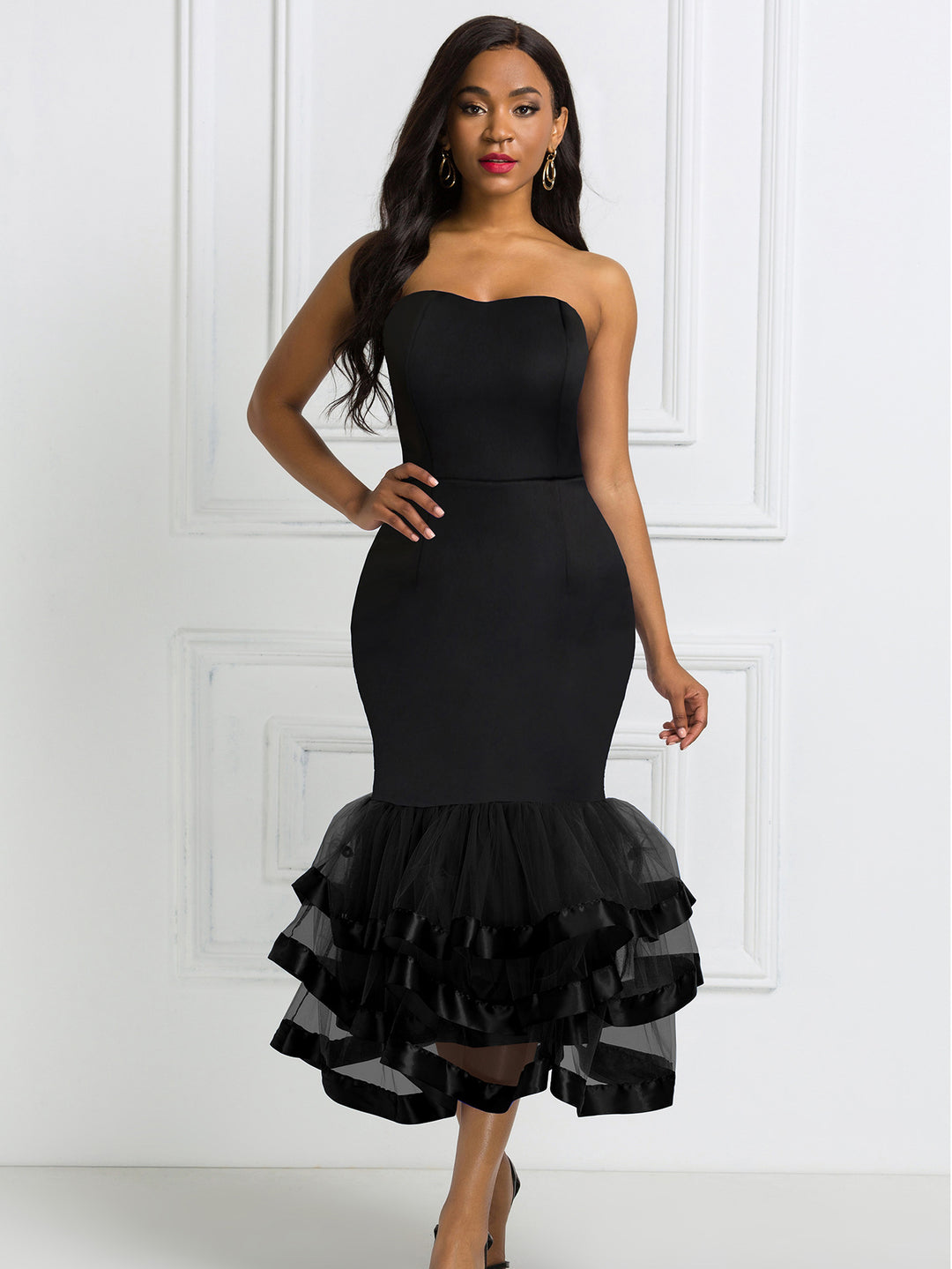 Damen Figurbetontes Abendkleid mit voluminösem Rüschen-Saum R&B