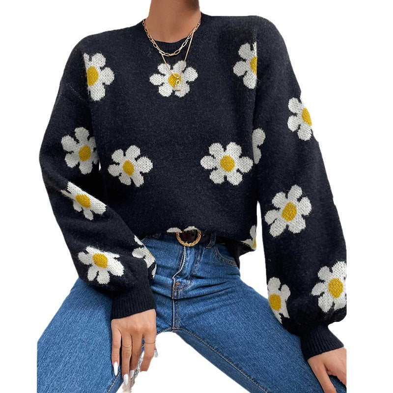 Damen Pullover mit floralem Muster und voluminösen Ärmeln