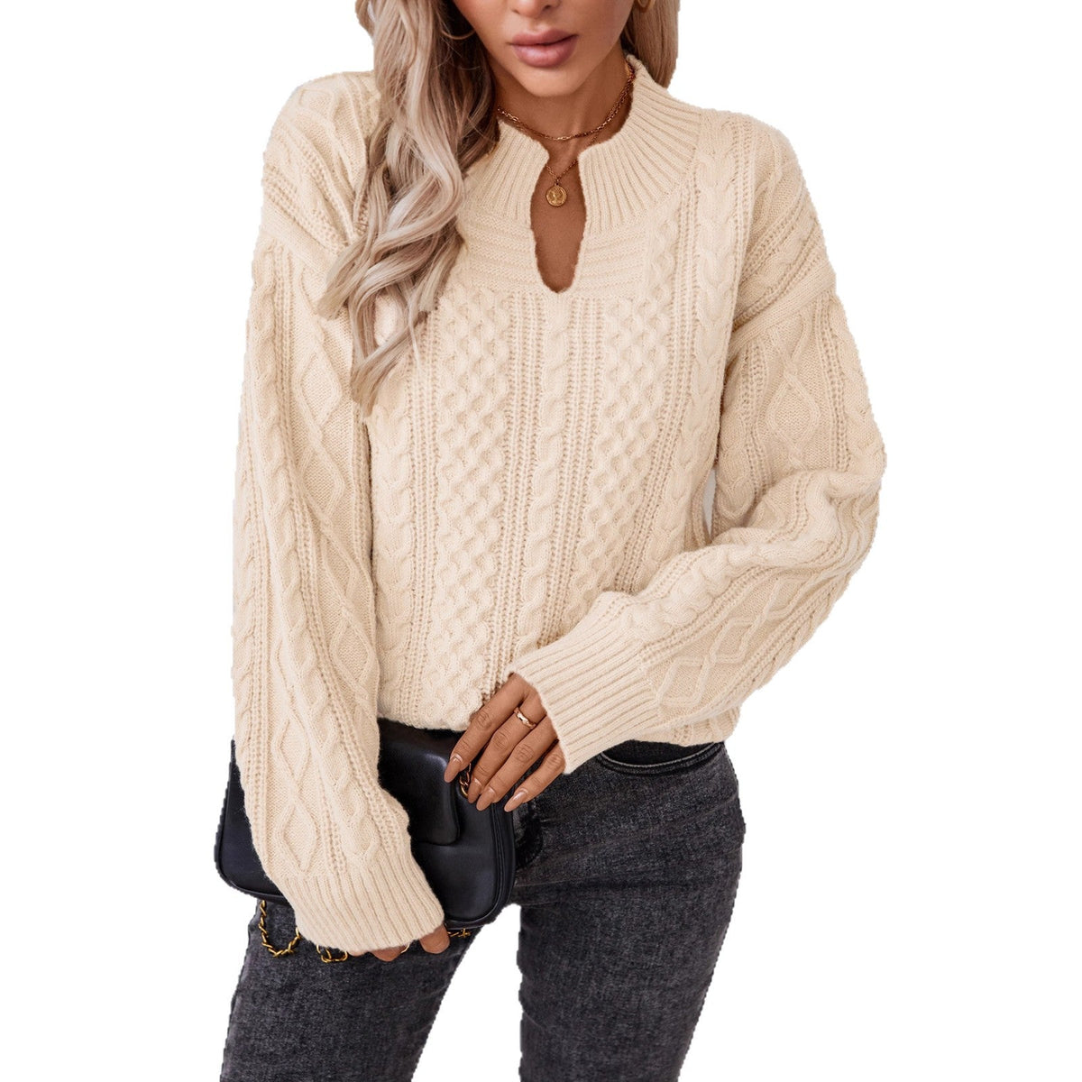 Damen modischer Strickpullover mit einzigartigem Zopfdesign und Rundhalsausschnitt