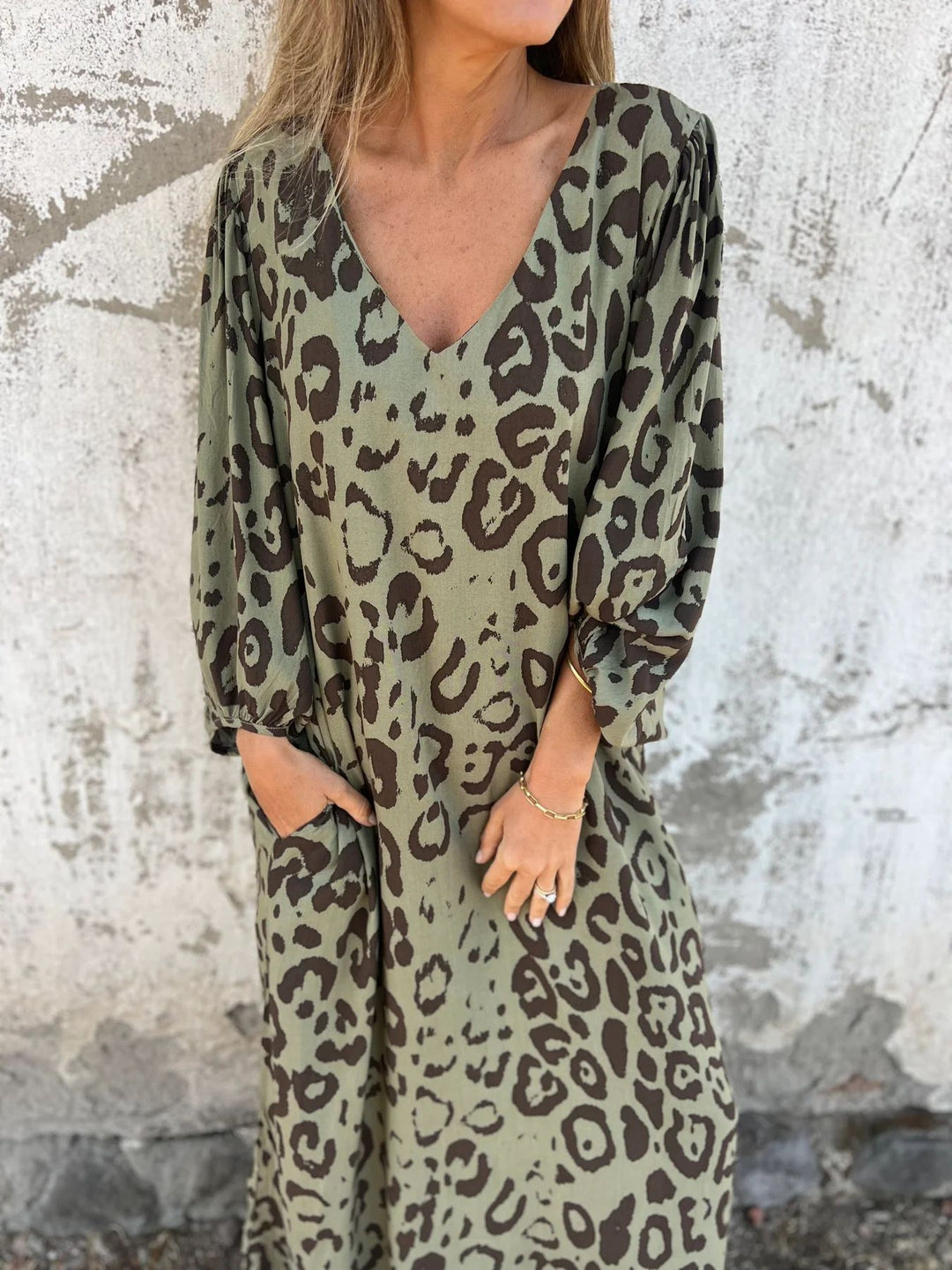 Damen Langarm Maxikleid mit Animal-Print und praktischen Taschen R&B