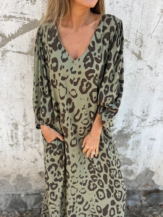 Damen Langarm Maxikleid mit Animal-Print und praktischen Taschen R&B