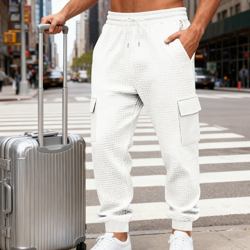 Herren nan Waffelstruktur Cargohose im Joggingstil mit Klappentaschen und elastischem Bund R&B