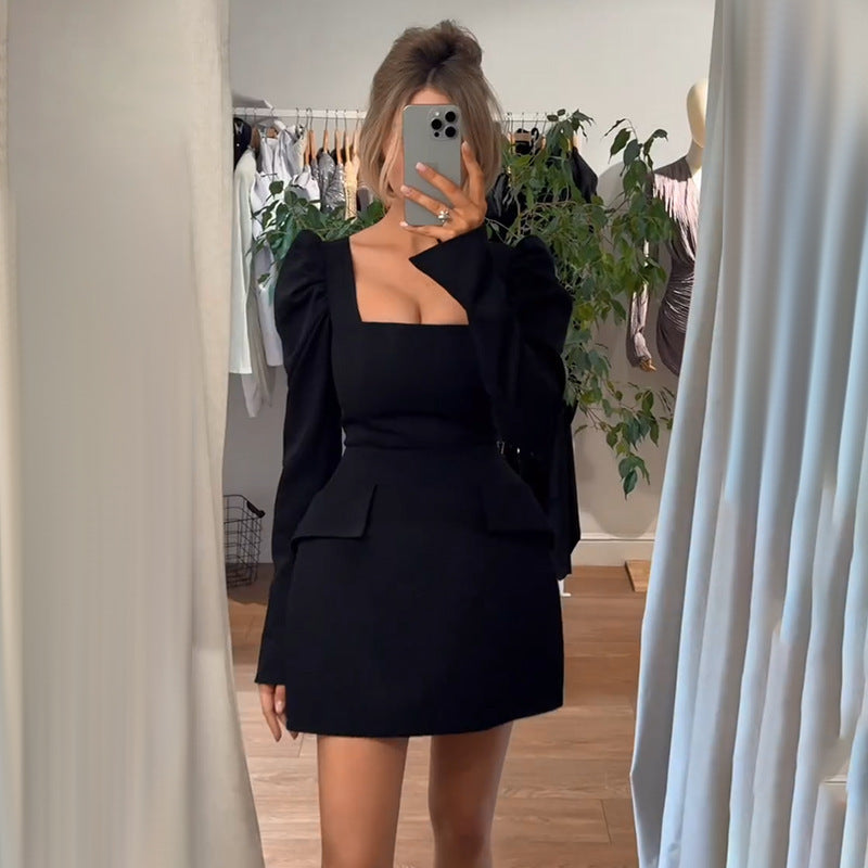 Damen elegantes Minikleid mit Puffärmeln und tailliertem Schnitt R&B