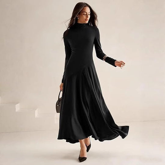 Damen Elegantes Langarm Maxikleid mit hohem Kragen und fließendem Rock R&B