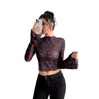 Damen nan transparentes Paisley-Netz-Kurzoberteil mit Stehkragen, Trompetenärmeln und gewelltem Saum R&B
