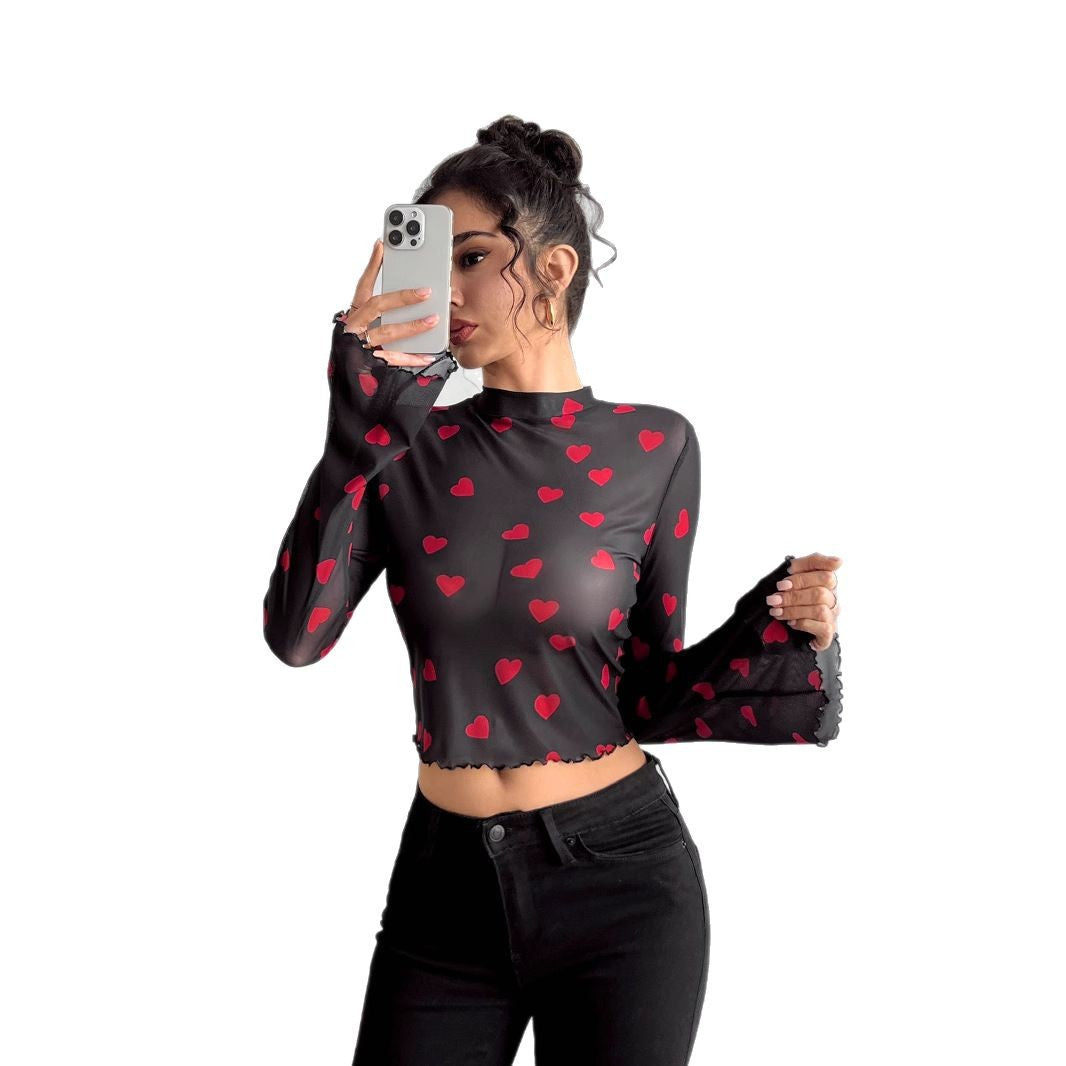 Damen nan transparentes Paisley-Netz-Kurzoberteil mit Stehkragen, Trompetenärmeln und gewelltem Saum R&B