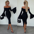 Damen Figurbetontes Wickelkleid mit schulterfreiem Design und weit geschnittenen Ärmeln R&B
