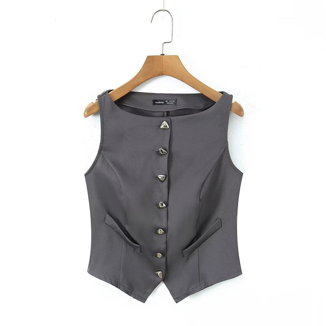 Damen-Set aus tailliertem Weste und kurzem Rock mit eleganten Knopfdetails R&B